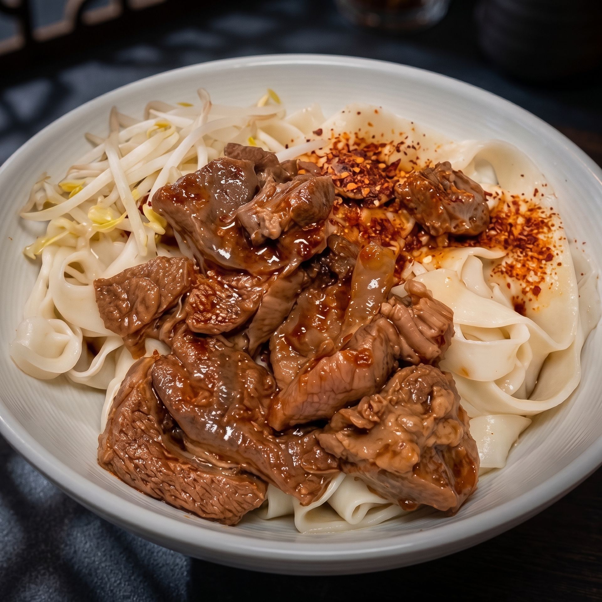 Bowl of flat noodles topped with braised beef, bean sprouts, and red chili flakes