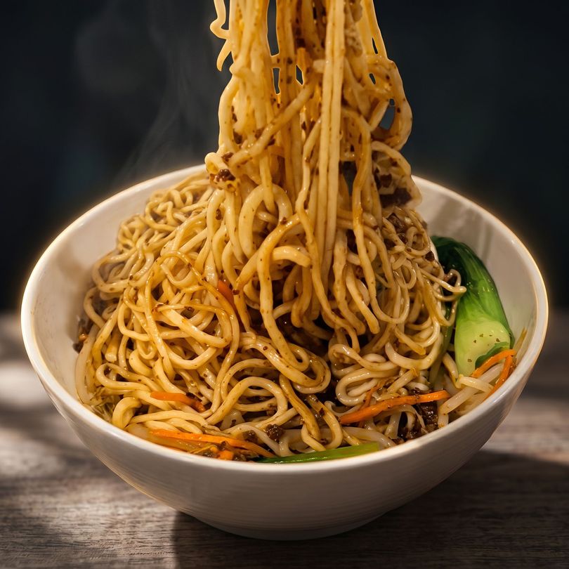 Bowl of noodles with vegetables, a fork lifting strands against a dark background