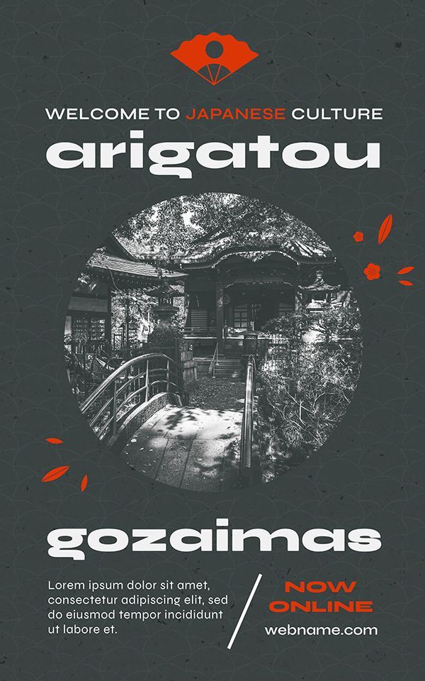 A Japanese culture poster with a central circular image of a shrine and bridge, featuring red accents and bold typography.