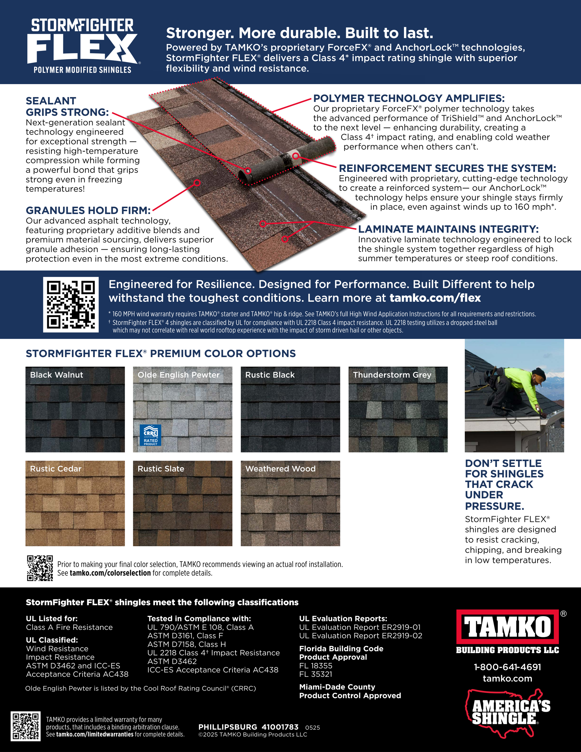 Advertisement for Stormfighter Flex roofing shingles with product details, color swatches, and a worker installing the shingles.
