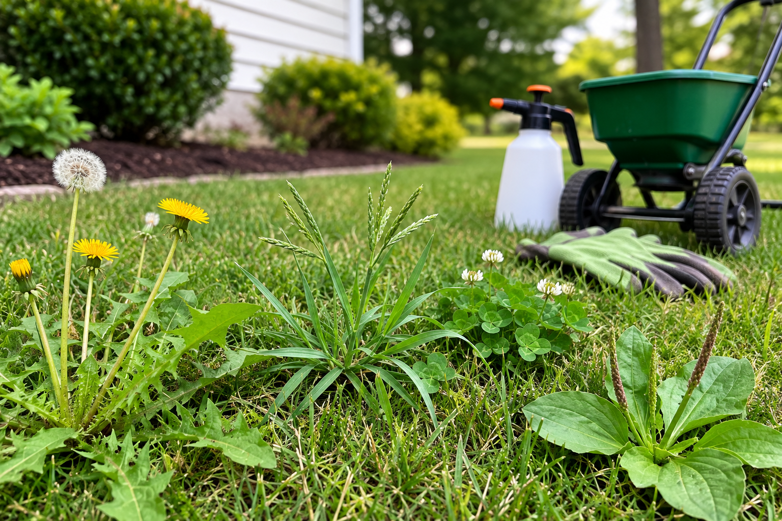 Gardening tools and fertilizer spreader on a grassy lawn with dandelions and a house in the background