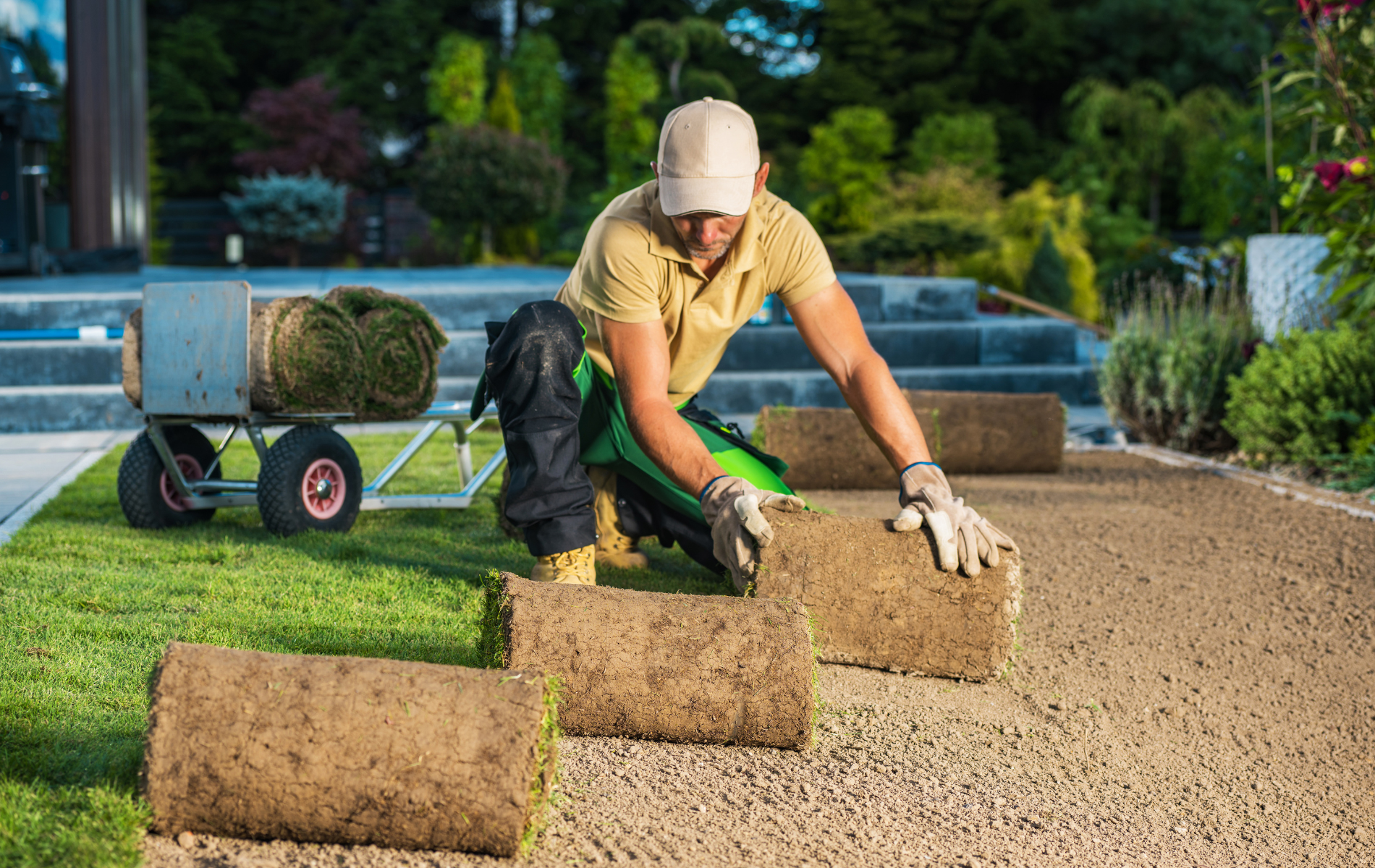 Worker laying sod in a landscaped garden, with rolled turf and a wheelbarrow nearby.