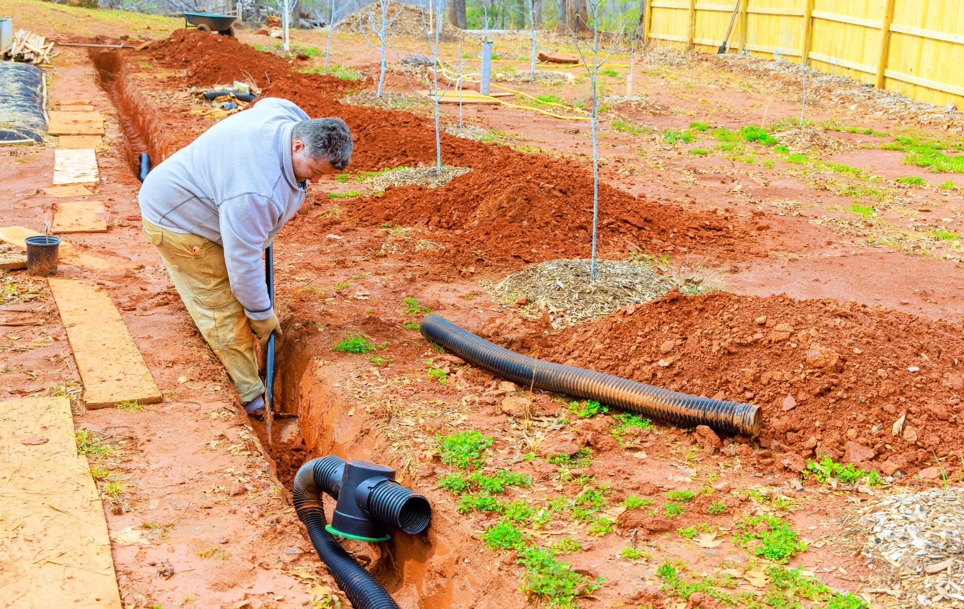 Worker digging a trench beside a red dirt path, with black pipes and yellow fencing in a construction area