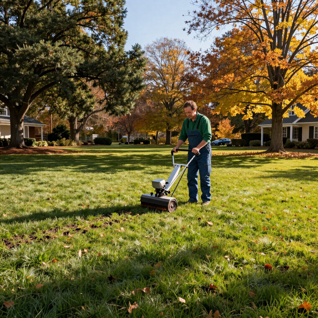 Person mowing a sunny suburban lawn with autumn trees in the background