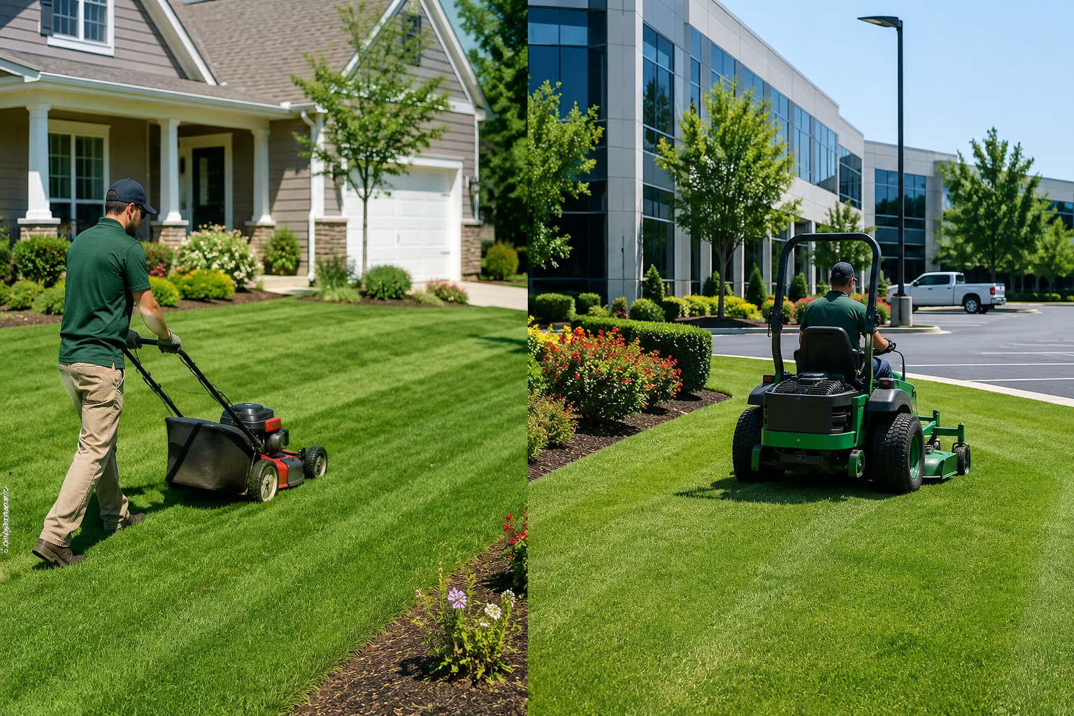 Split image of lawn care: a person mowing grass beside a suburban home and a commercial mower on an office lawn