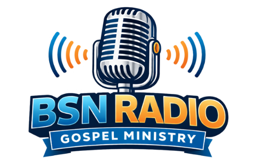 Logo for BSN Radio Gospel Ministry: A vintage microphone with sound waves, and 