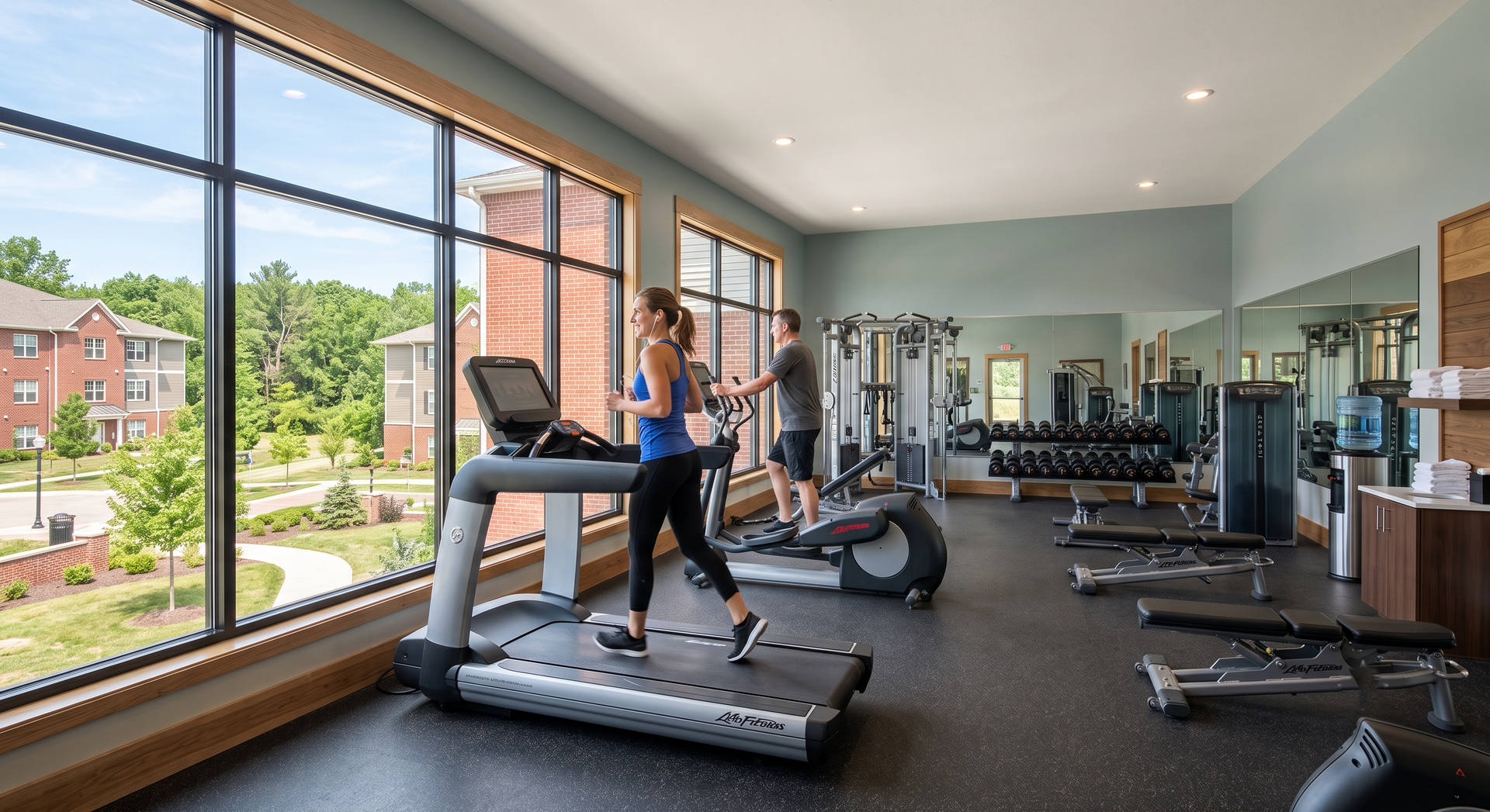 Bright gym with treadmills, large windows, and mirrors; one person walking on a treadmill.