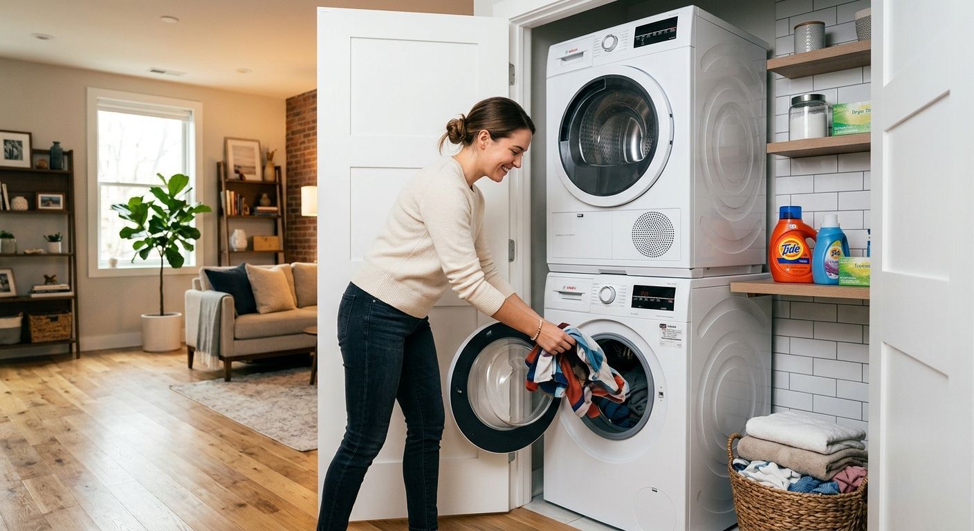 Person loading a front-load washer in a laundry room with stacked washer and dryer