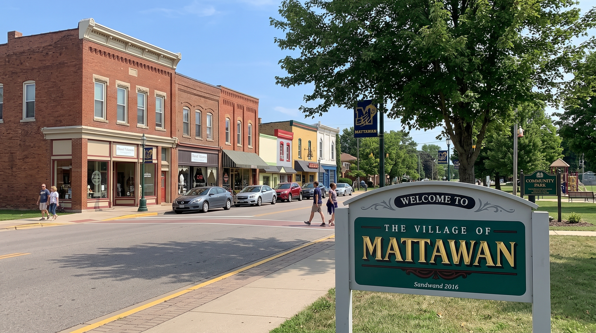 Downtown Matawan street with brick storefronts, trees, and a town sign in the foreground
