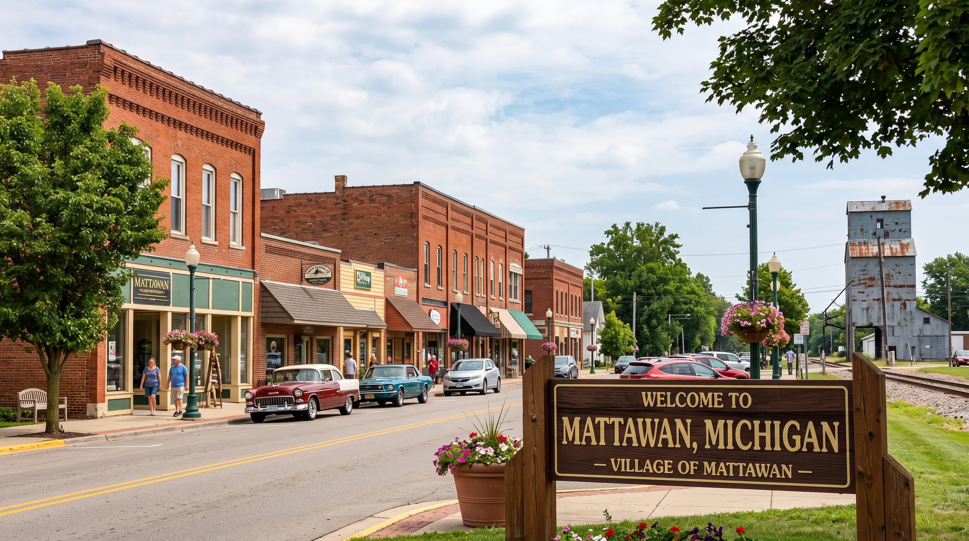 Main Street in downtown Mattawan, Michigan with brick storefronts and a town sign on a sunny day