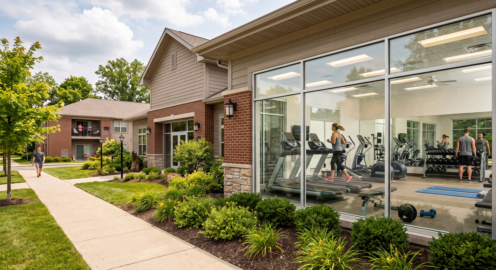 Exterior of a fitness center with large windows showing people using gym equipment inside
