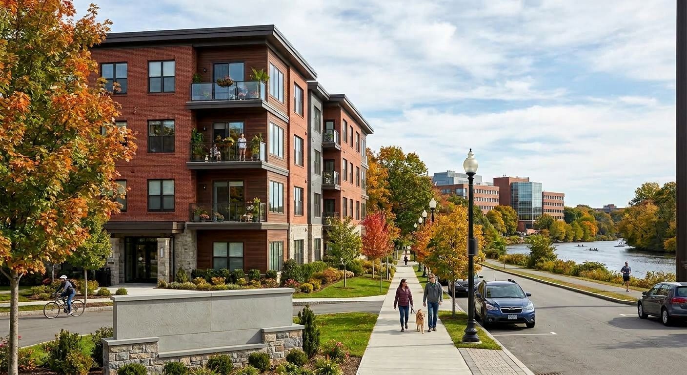 Brick apartment building beside a tree-lined street and sidewalk with pedestrians and parked cars under a cloudy sky