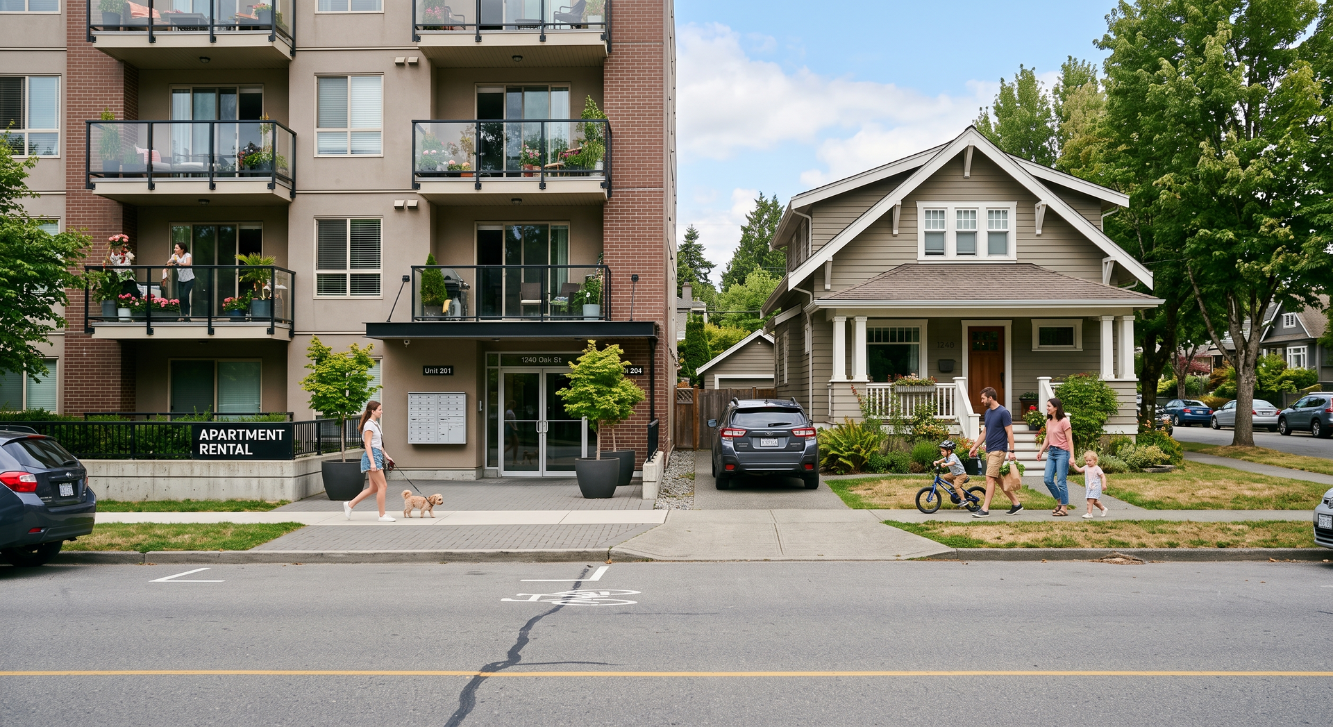 Apartment building beside a small house with people in front, across a street on a sunny day