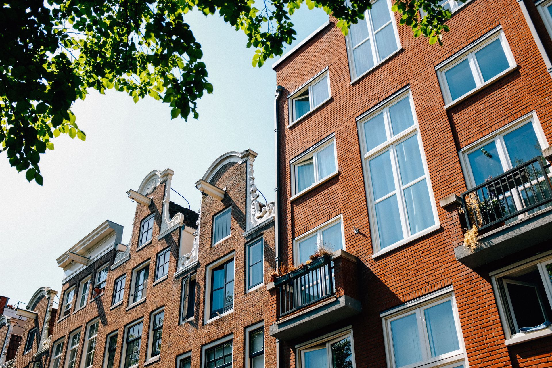 Red-brick apartment buildings with tall windows and balconies under green tree branches