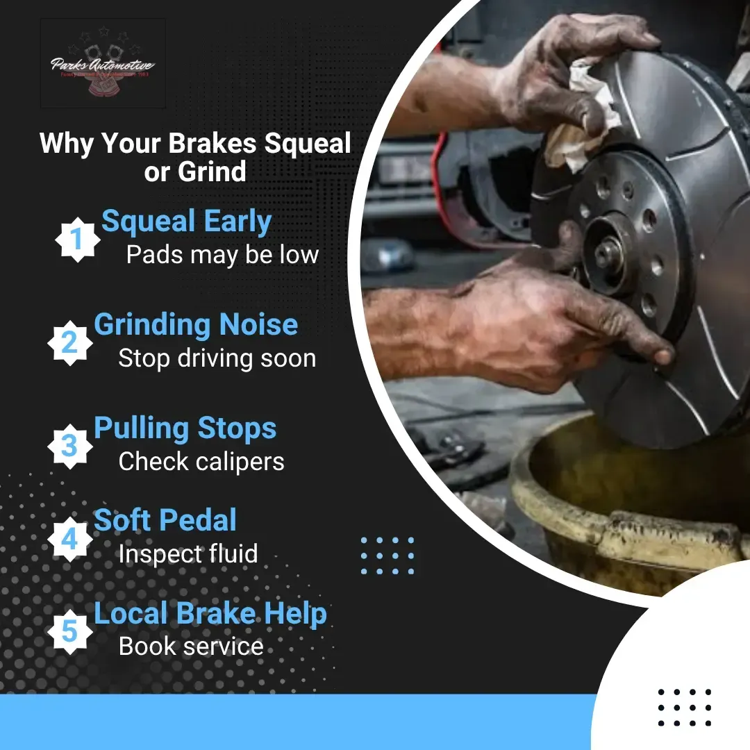 Infographic on brake problems with mechanic inspecting a car brake rotor and pad.