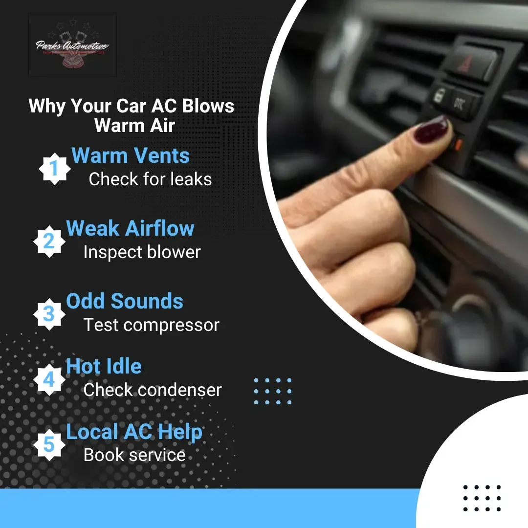 Infographic on car AC blowing warm air, with checklist and hand adjusting dashboard vents