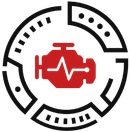Red engine icon with white heartbeat line inside a black circular gauge