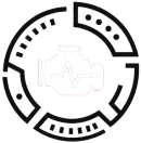 Red engine icon with white heartbeat line inside a black circular gauge