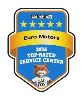 CARFAX Euro Motors 2025 top-rated service center badge with stars and CAR FOX mascot