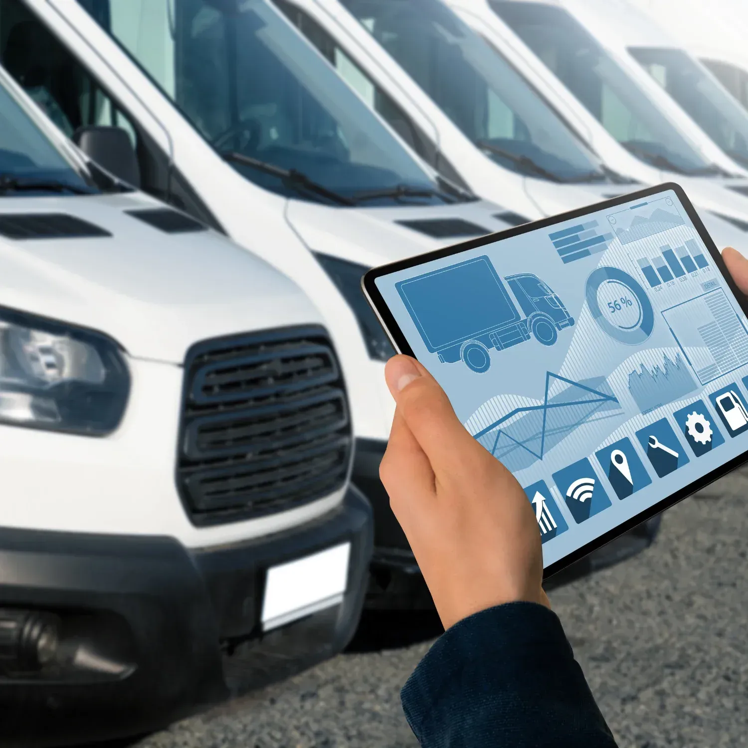 Hand holding a tablet showing fleet data in front of white delivery vans