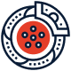 Stylized red and navy circular mechanical icon with bolts and a central hub