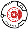 Red and black stylized brake disc icon with a red caliper on a white background