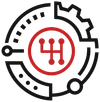Black-and-red circuit gear logo with a red gearshift symbol in the center.