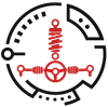Red robotic circuit logo inside a black circular target shape on white background