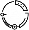 Black circular abstract logo with segmented rings, dots, and a star in the bottom center.
