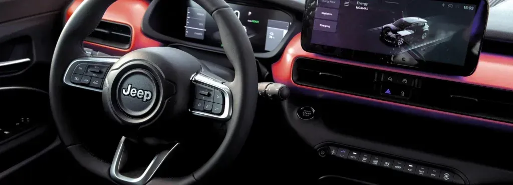 Car interior with steering wheel, digital dashboard, and pink ambient lighting