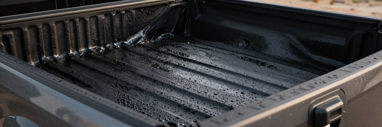 Open truck bed with a black textured spray liner and side rails, viewed from above.