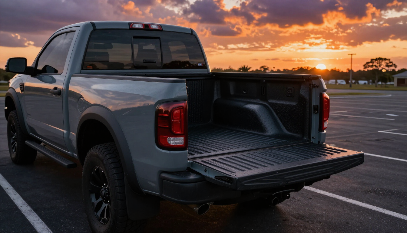 Gray pickup truck with open tailgate parked in a lot at sunset