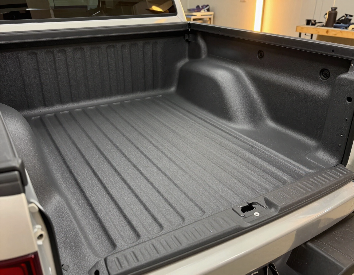 Close-up of textured Rhino Linings spray-on coating on a Ram 1500 truck bed, Baton Rouge LA