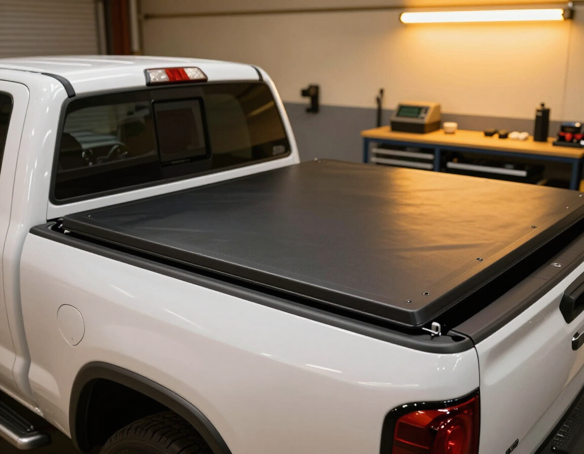 Folding tonneau cover fully closed on a full-size pickup showing flush fit and clean lines