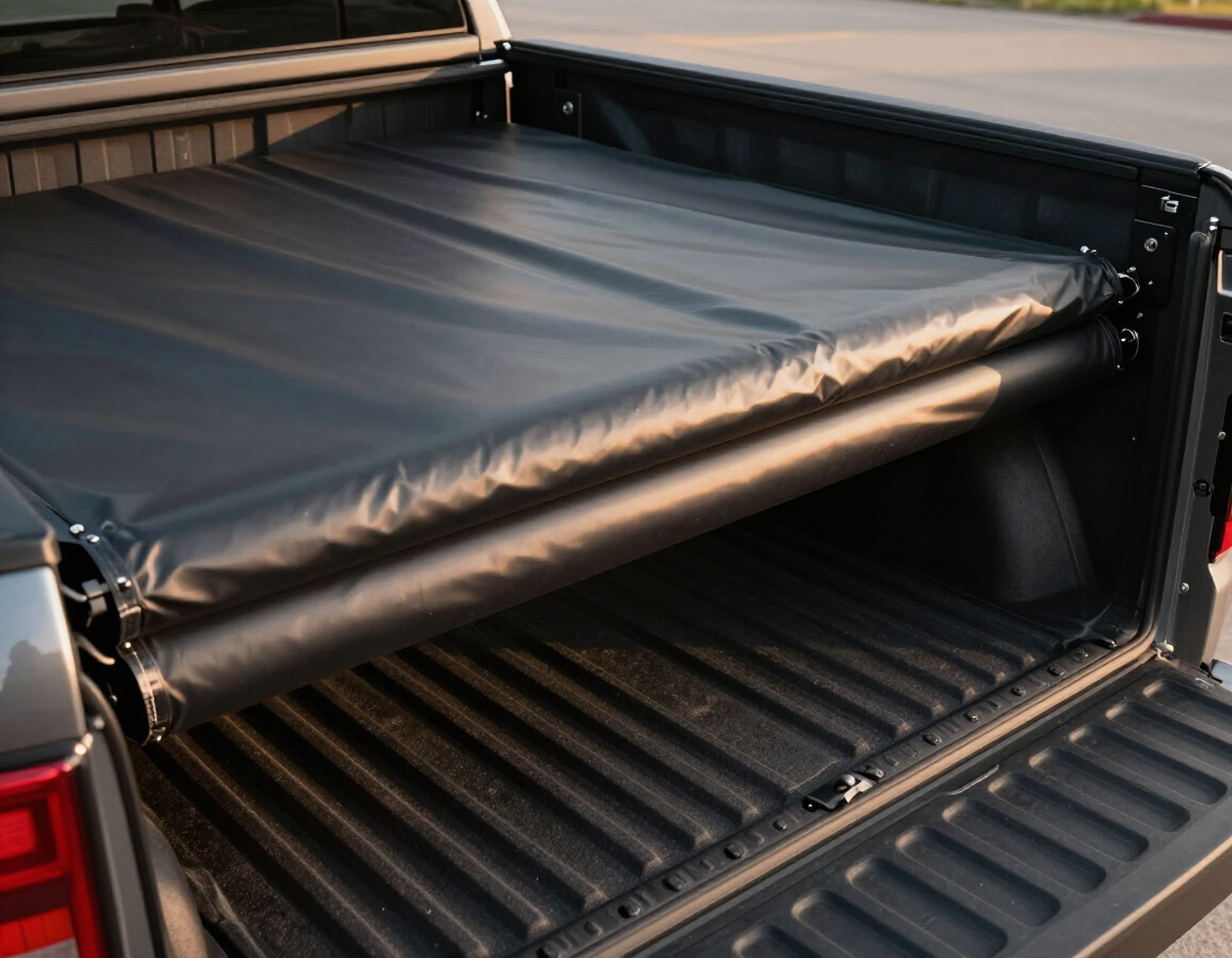 Roll-up tonneau cover partially open showing spray-on liner underneath on a dark truck, Baton Rouge