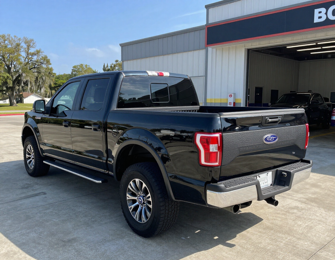 Black F-150 with fresh spray-on truck bed liner outside a South Louisiana service facility