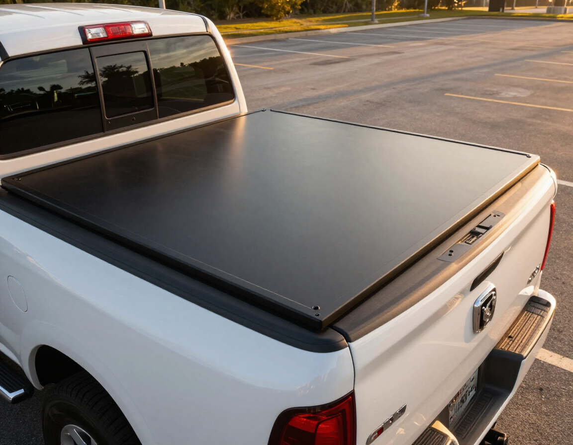 Low-profile tonneau cover on a white Ram pickup in warm Louisiana daylight, tonneau cover install