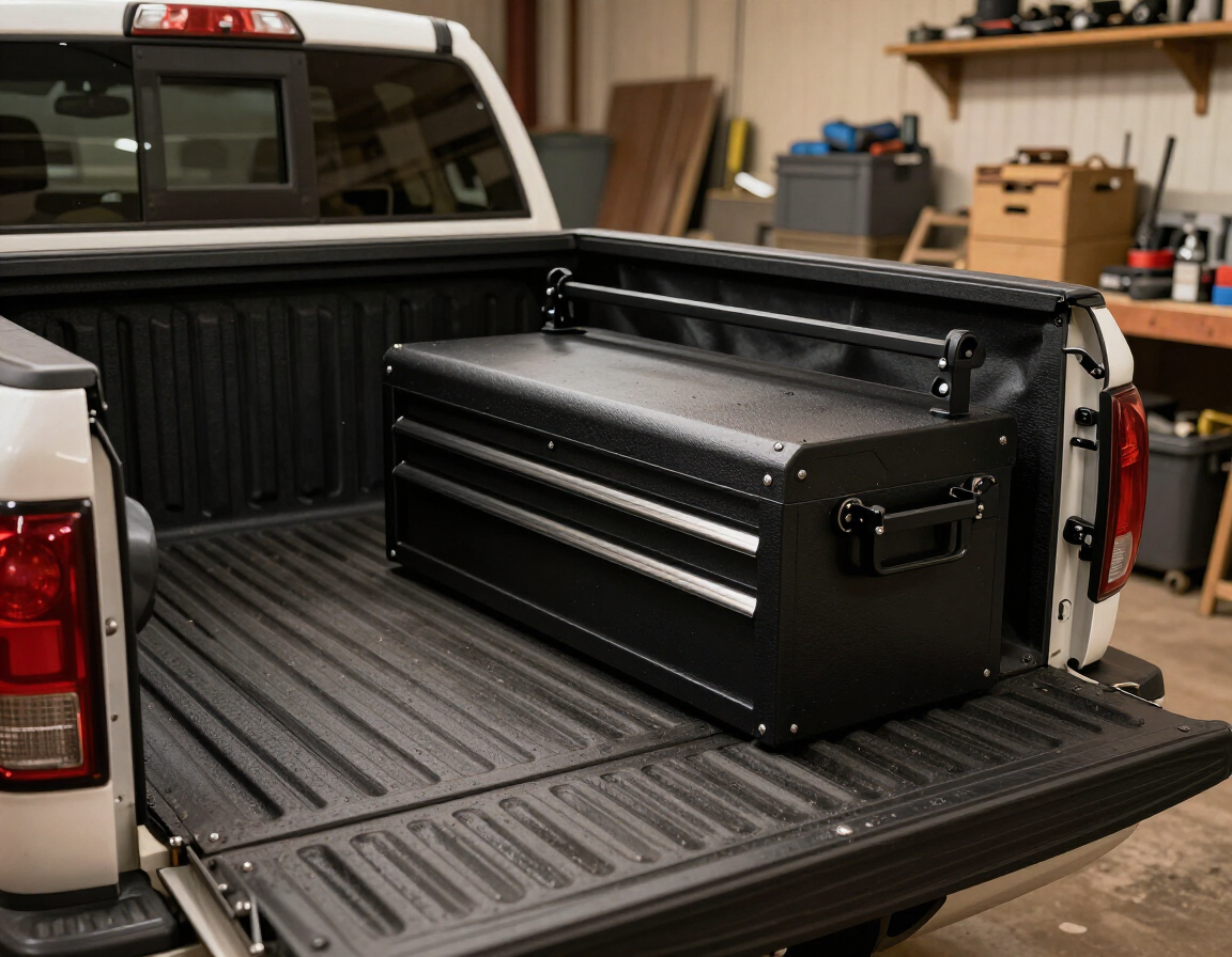 Aftermarket toolbox in a truck bed with spray-on liner showing accessories and coating integration