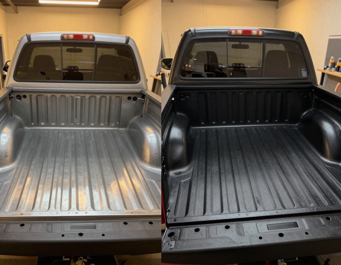 Before and after comparison of bare truck bed versus finished Rhino Linings spray-on coating, same truck