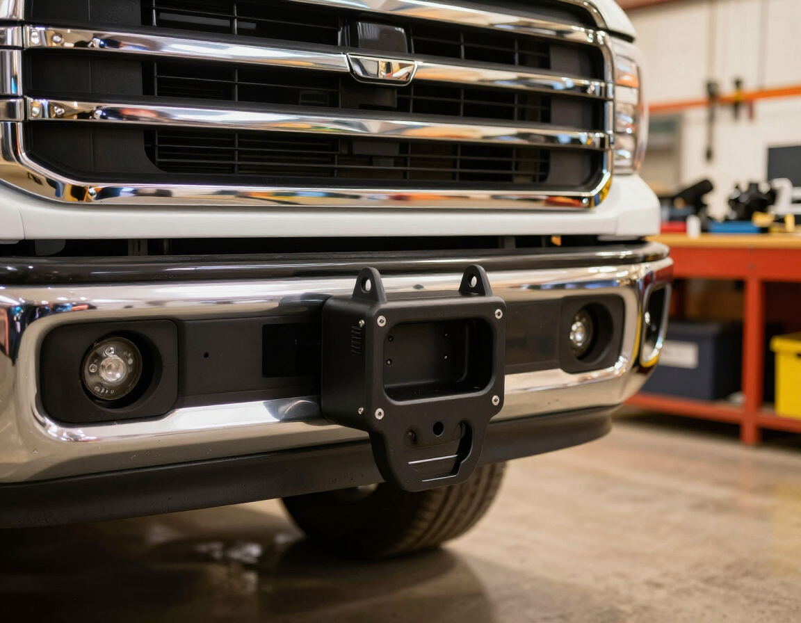 Heavy-duty trailer hitch installed on a work truck with clean shop background, truck accessories Baton Rouge
