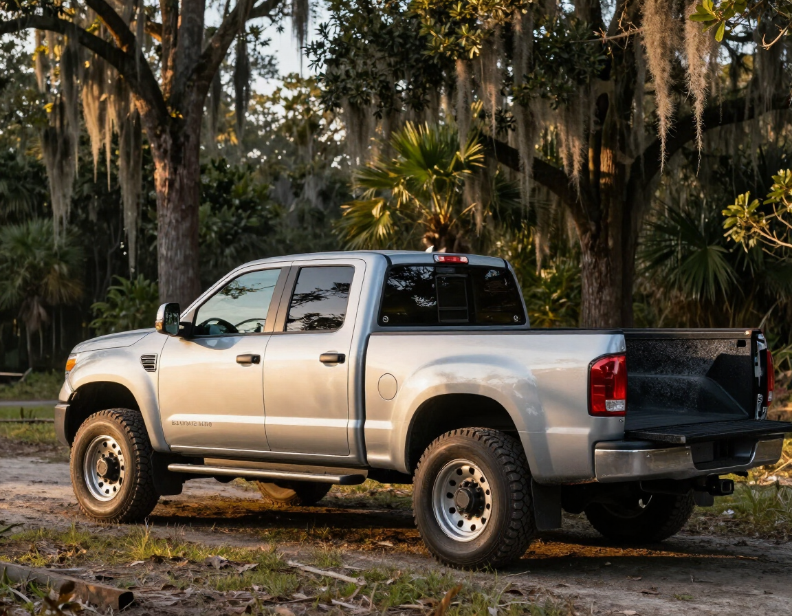 Fleet work truck with spray-on bed liner on a South Louisiana job site, Baton Rouge area