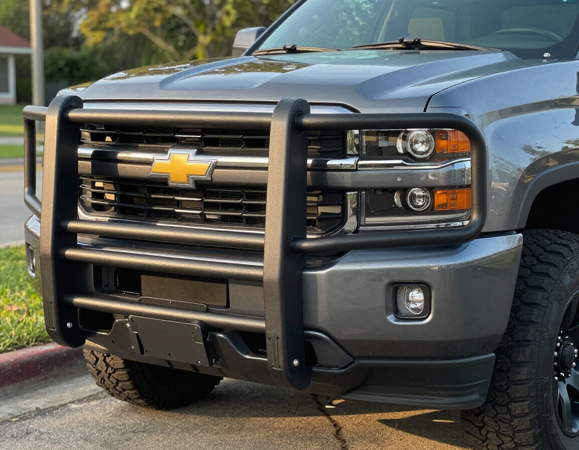Grill guard and bug shield on a Chevy Silverado, truck accessories installed in Baton Rouge LA