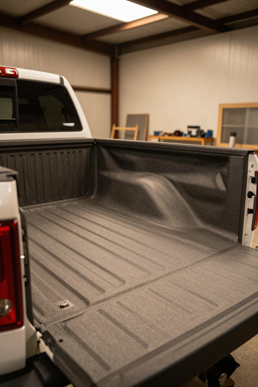 Close-up of Rhino Linings spray-on truck bed coating texture applied inside a Baton Rouge, LA installation bay.