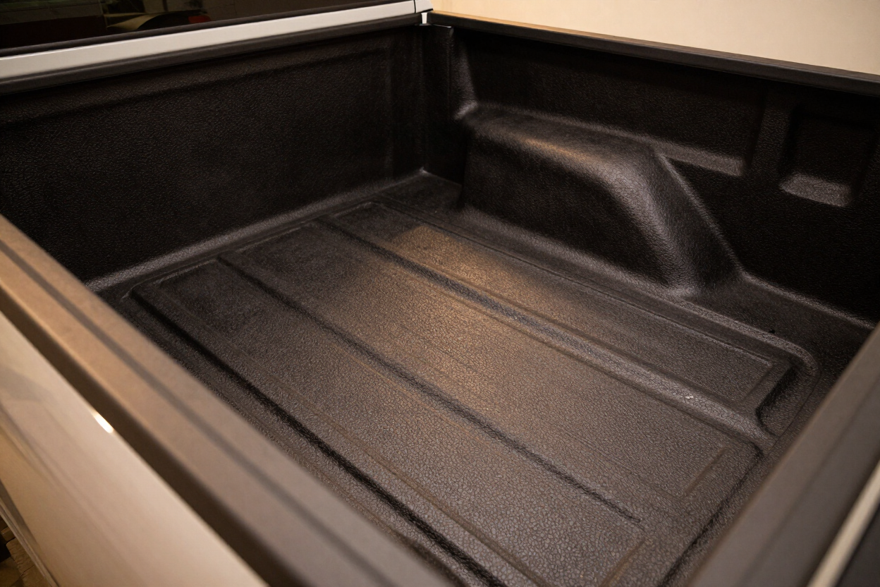 Freshly applied Rhino Linings spray-on bed liner in a Baton Rouge truck showing textured protective surface finish