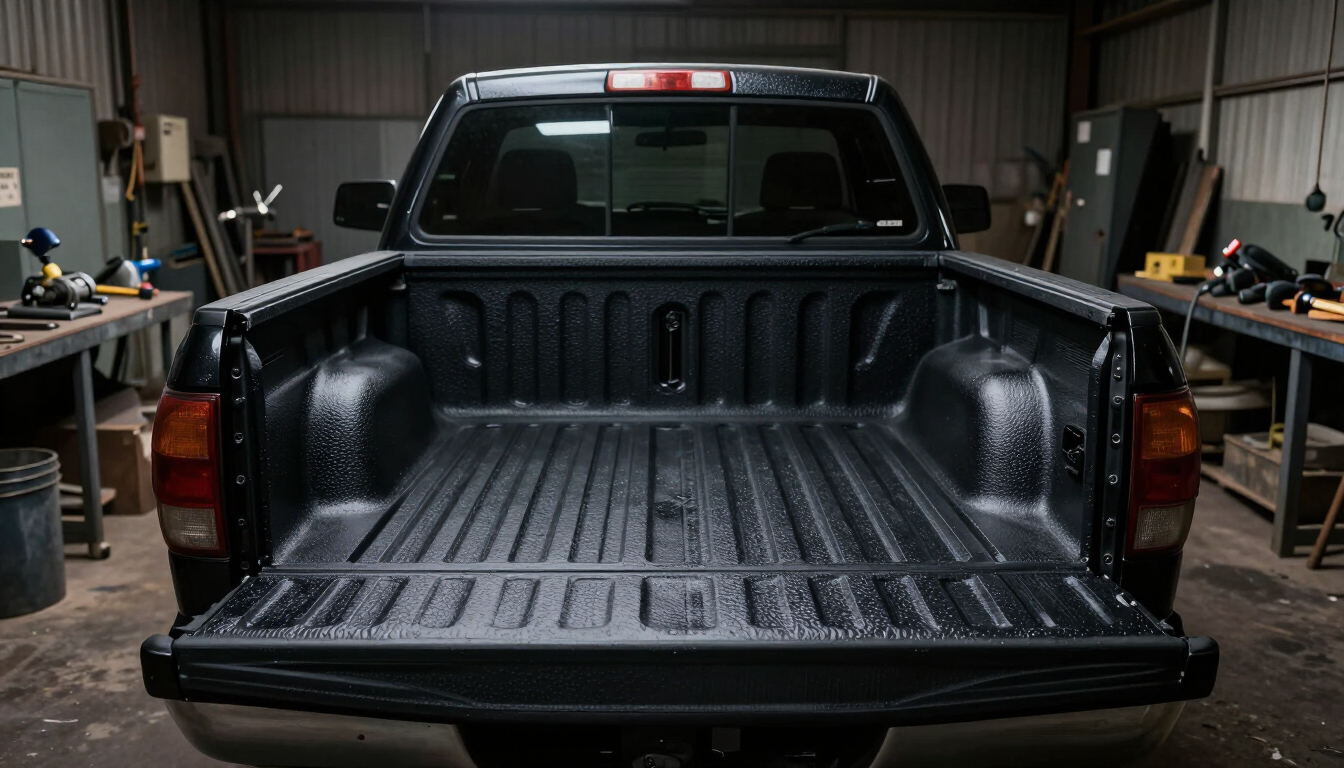 Black pickup truck with an open tailgate in a workshop garage, showing an empty bed and interior lights.