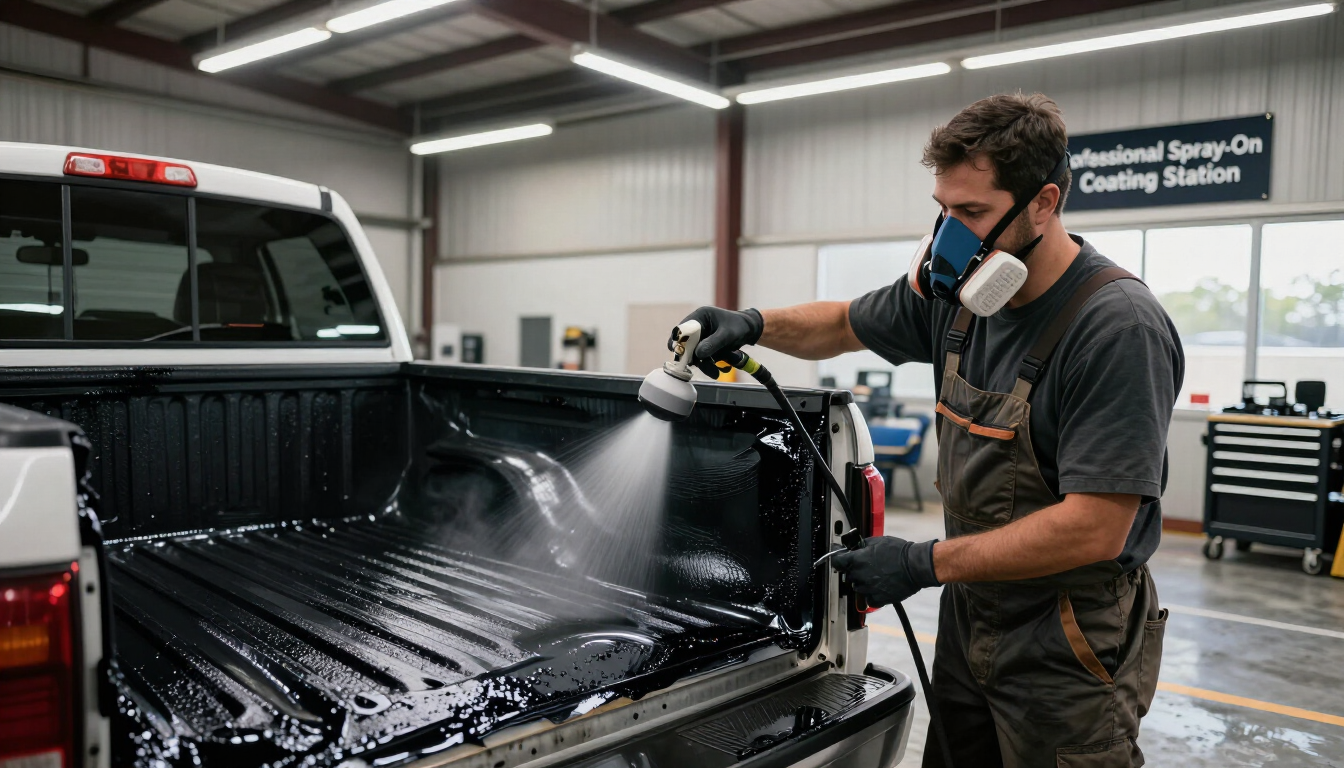 Worker spray-coating a black pickup truck bed inside an auto detailing shop.