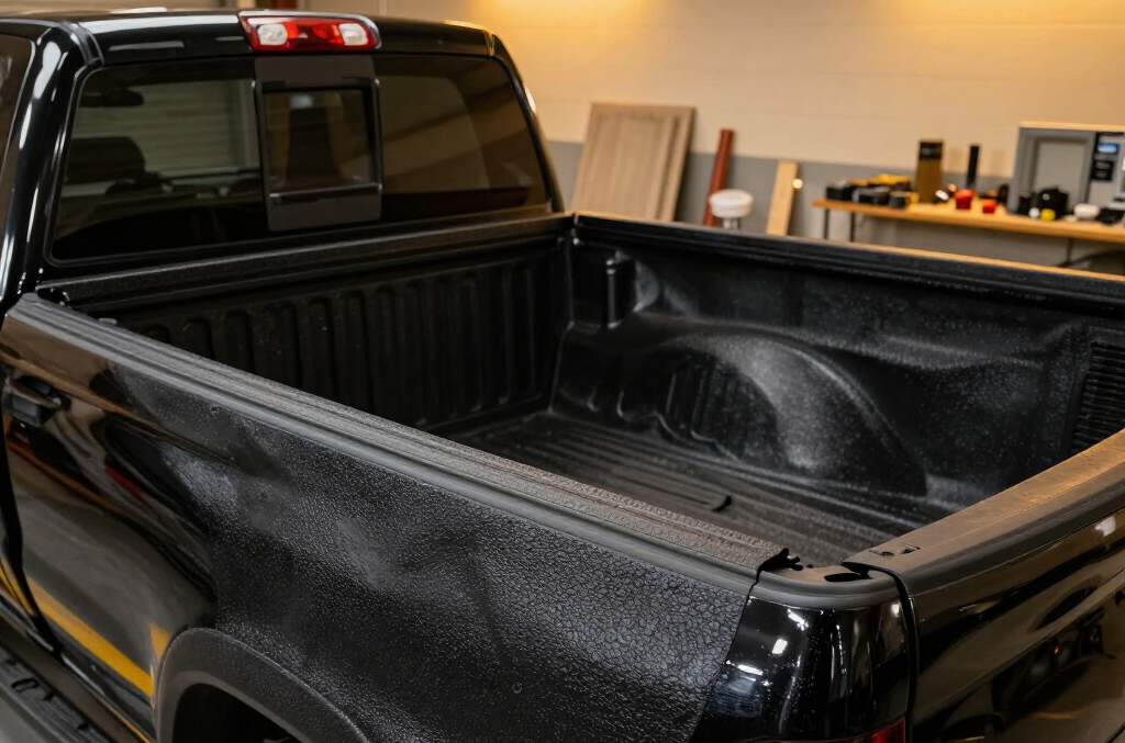 Black pickup truck bed in a garage, viewed from the rear-left side.