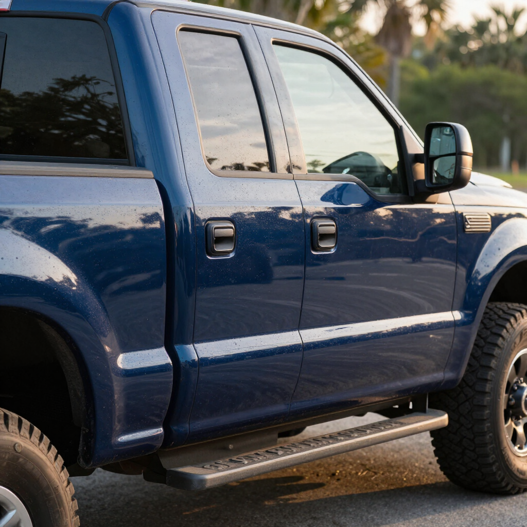Blue pickup truck parked outdoors at sunset, side view with tinted windows and step bar.