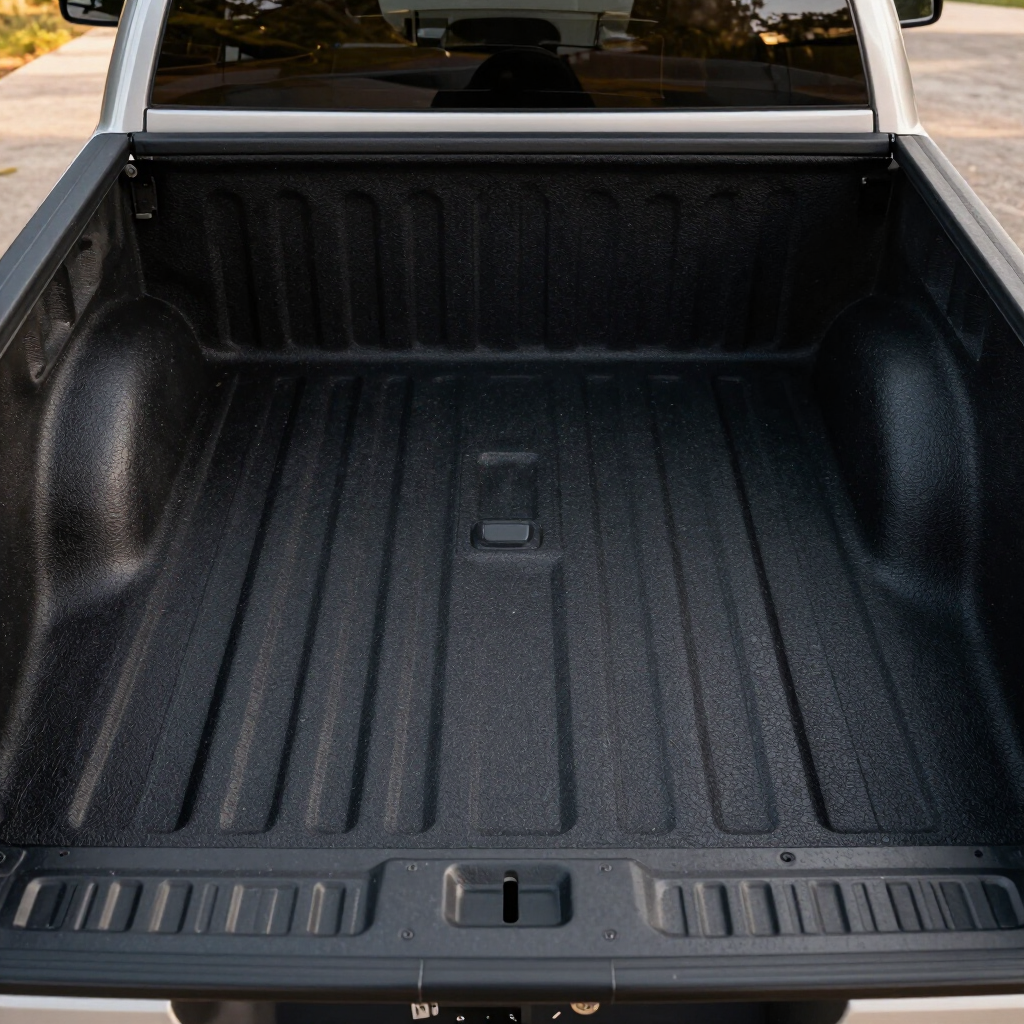 Empty black pickup truck bed with textured liner and tailgate open.