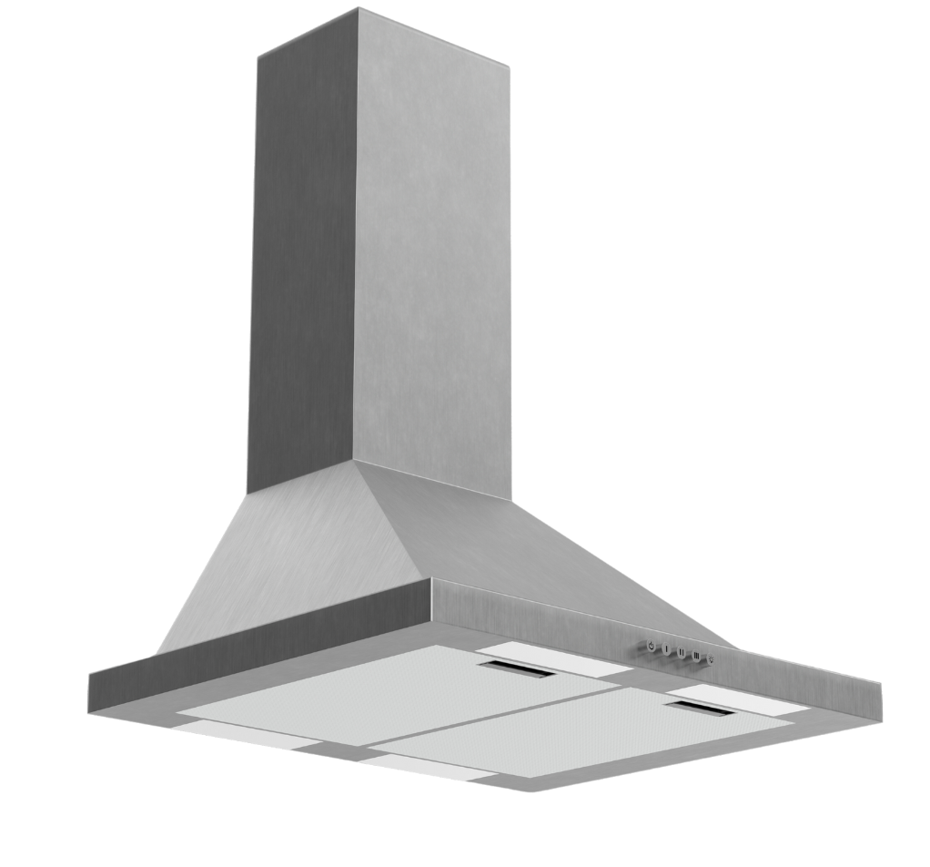 A stainless steel hood with a black trim on a white background
